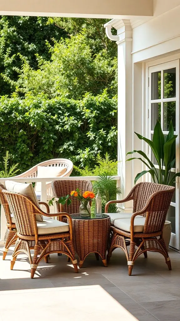 Stylish rattan dining set on a patio with plants and a sunny atmosphere.