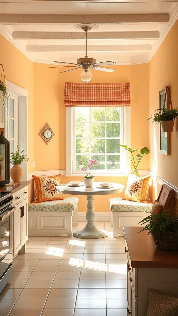 Cozy breakfast nook with orange walls, white furniture, and bright decorations.