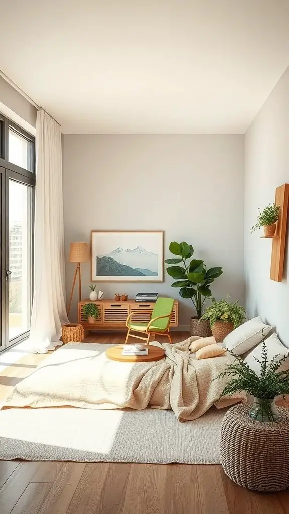 A modern bedroom featuring sustainable materials, with plants and natural decor.