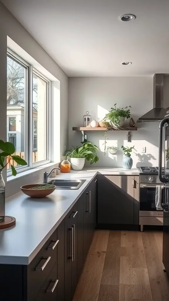 A modern kitchen featuring sustainable materials with natural light, plants, and sleek cabinetry.
