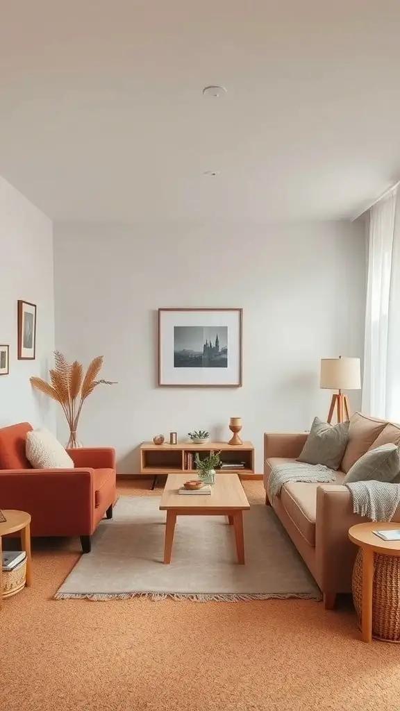 A cozy living room with textured cork flooring, featuring two sofas, a coffee table, and decorative plants.
