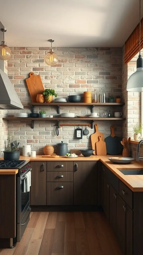 A trendy kitchen featuring textured brick walls and wooden accents.