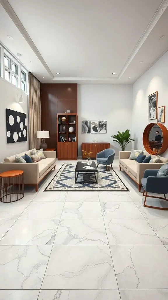 A modern living room with stylish tile flooring, showcasing a cozy seating area and decorative elements.