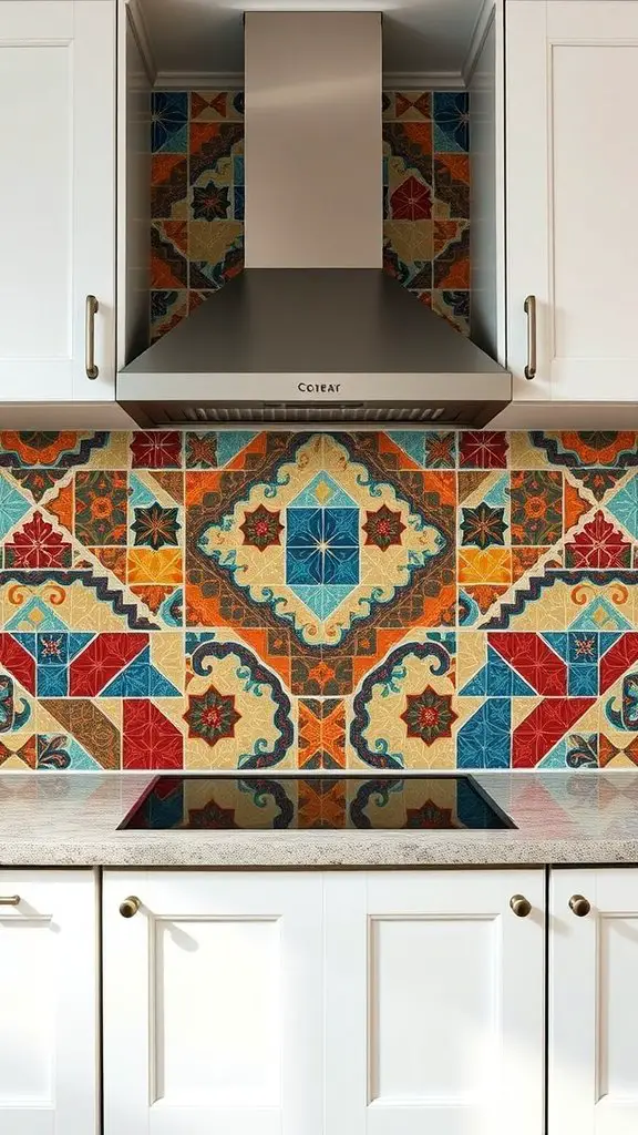 Colorful tile backsplash in a modern kitchen with a stovetop and range hood