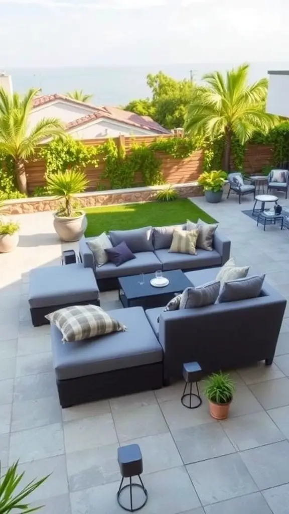 A spacious patio featuring a modular sectional sofa with cushions, a coffee table, and surrounding greenery.