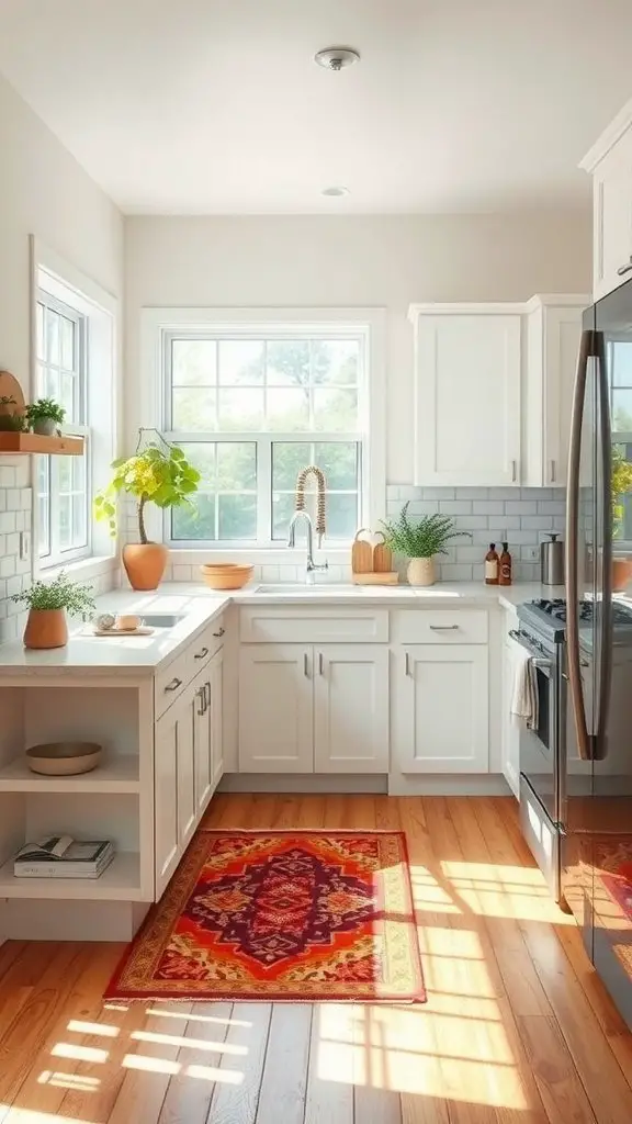 A bright kitchen featuring a colorful rug with a warm color palette.