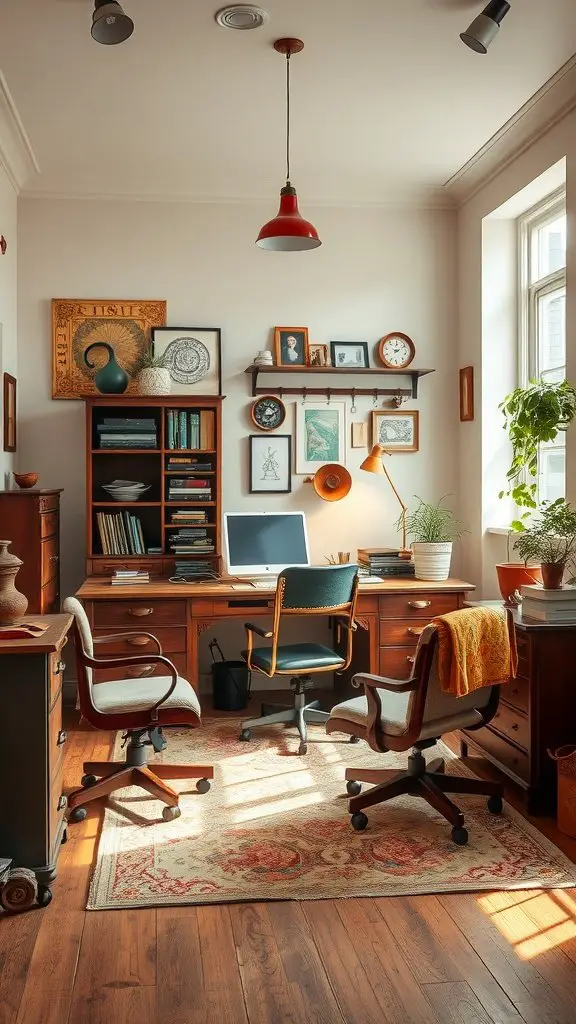 A cozy vintage home office with wooden furniture, decorative items, and warm lighting.