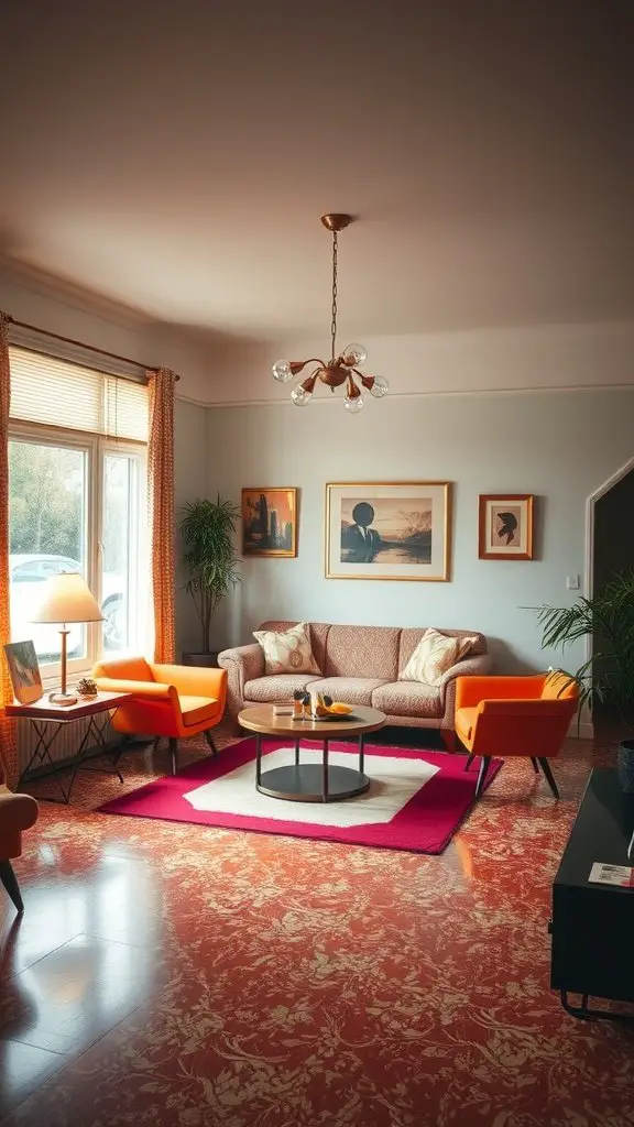 A cozy living room featuring vintage terrazzo flooring with colorful patterns.