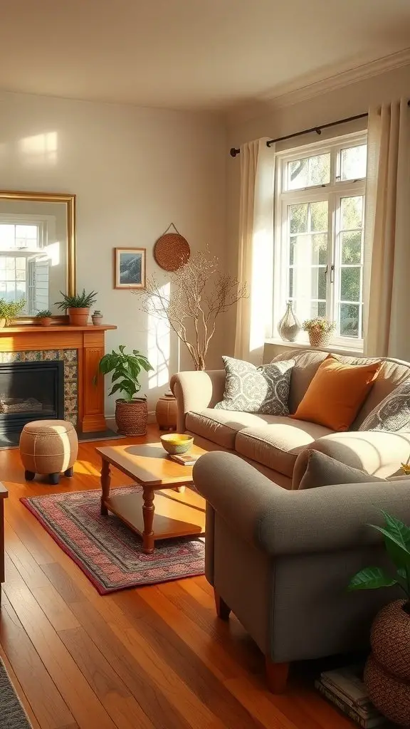 Cozy living room with hardwood flooring and a comfortable sofa.