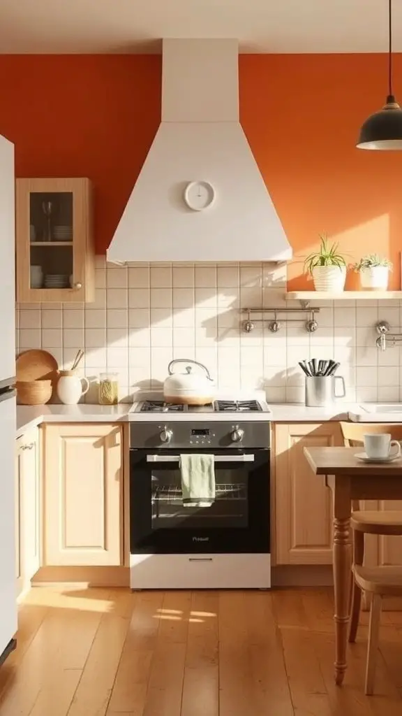 A cozy kitchen with warm orange walls and wooden cabinets, featuring a sleek stove and plants.