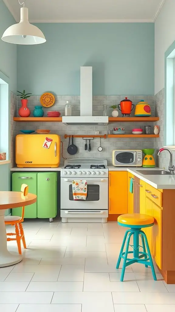 A colorful kitchen featuring whimsical appliances and accessories.
