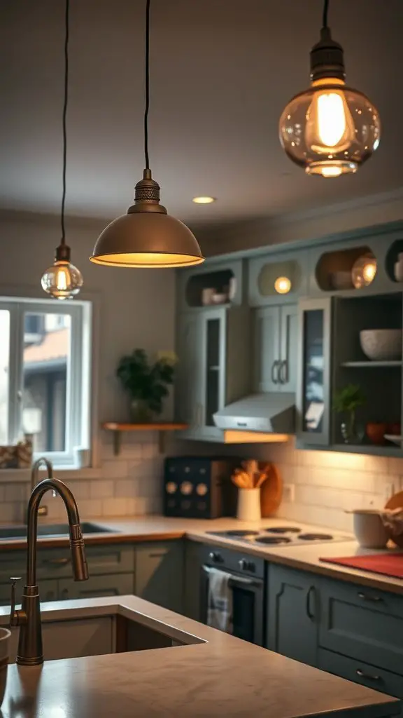 A cozy kitchen featuring whimsical pendant lighting fixtures