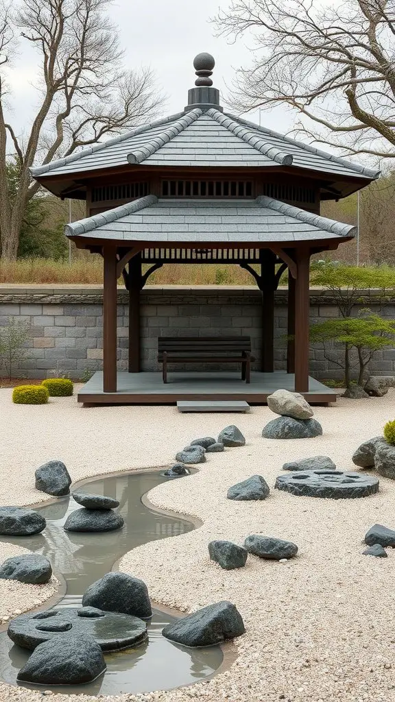 A serene zen garden gazebo with a stone path and smooth pebbles.
