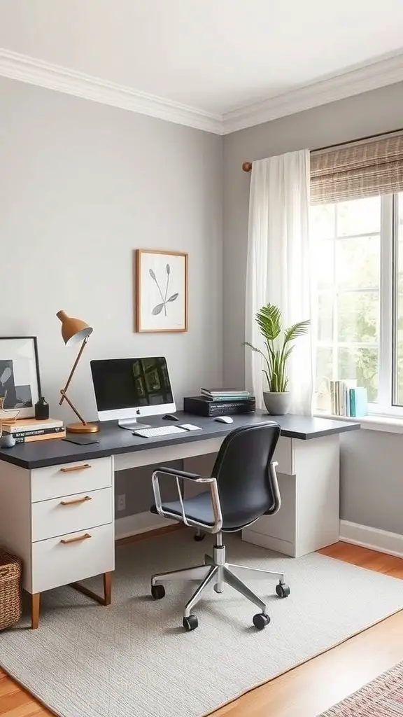 A minimalist home office with a desk, computer, orange chair, and plants.