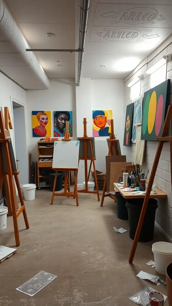 A bright basement art studio with easels and colorful paintings on the walls.