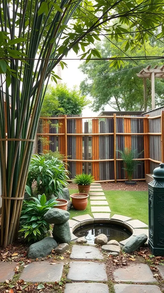 A tranquil backyard featuring bamboo fencing with greenery and stones.