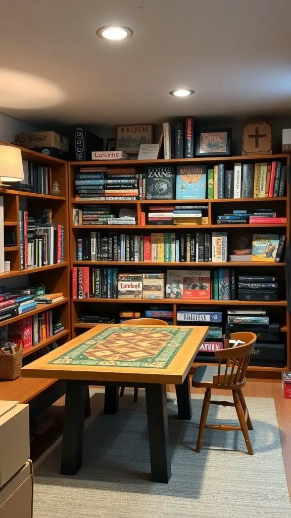 A cozy board game area with shelves full of games and a table set for play.