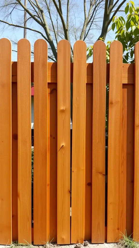 Cedar wood fence with a natural finish, showcasing its warm tones and vertical planks.