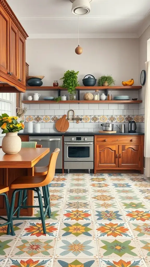 A bright kitchen featuring colorful cement tiles on the floor, wooden cabinets, and open shelving.