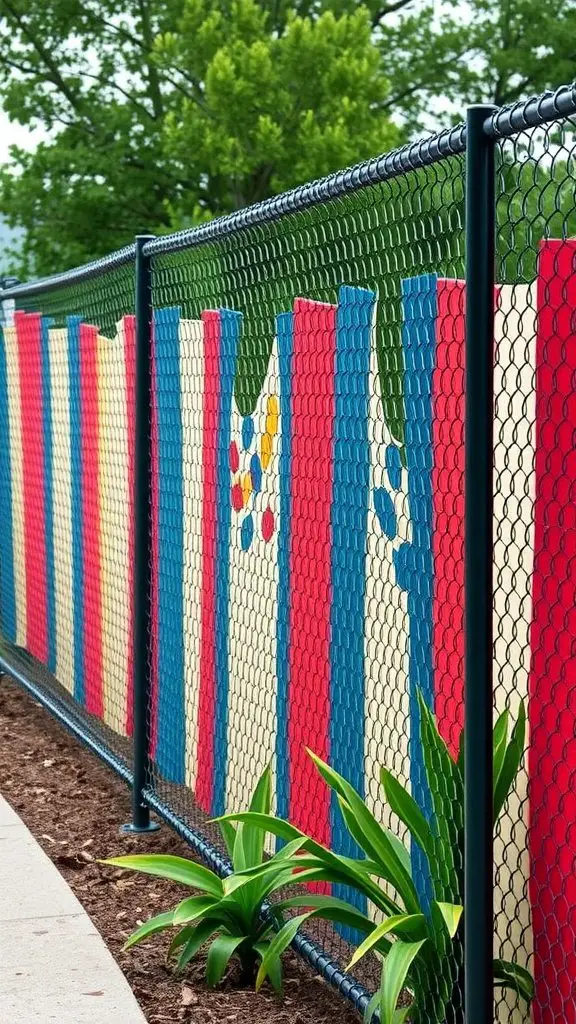 Colorful chain link fence with privacy slats and plants