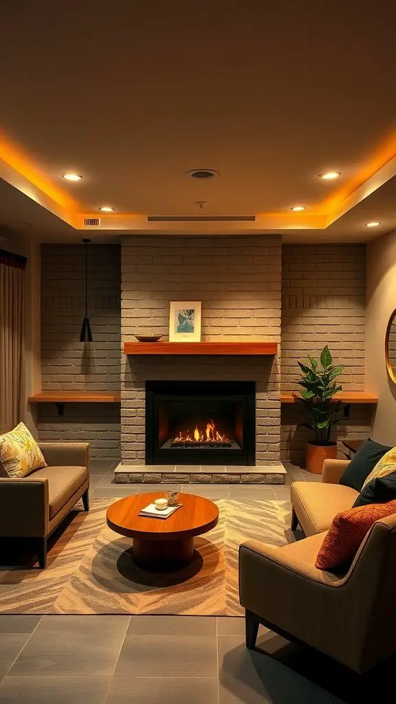 Cozy basement lounge with a fireplace, featuring comfortable seating and warm lighting.