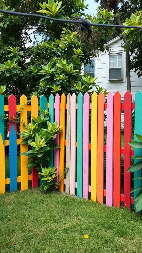 Colorful painted wooden fence in a backyard with green plants