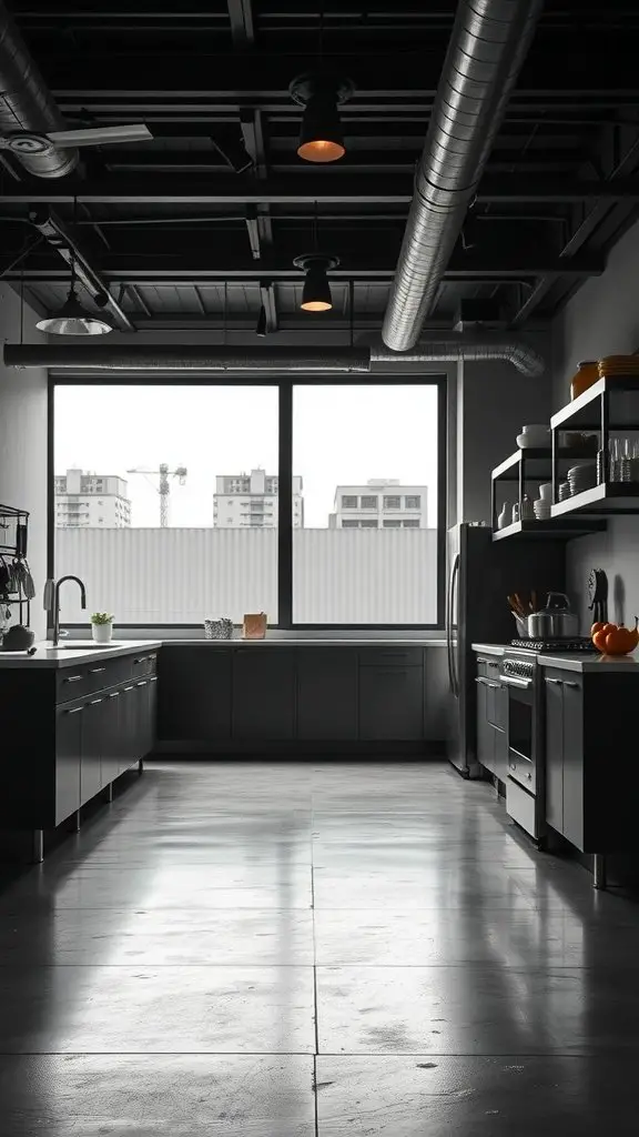 A modern kitchen with concrete flooring, sleek cabinets, and large windows.