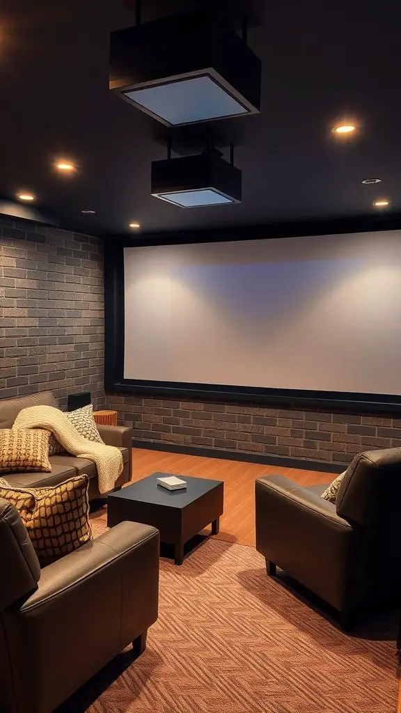 A cozy movie theater setup in the basement with leather chairs, blankets, and a large screen.