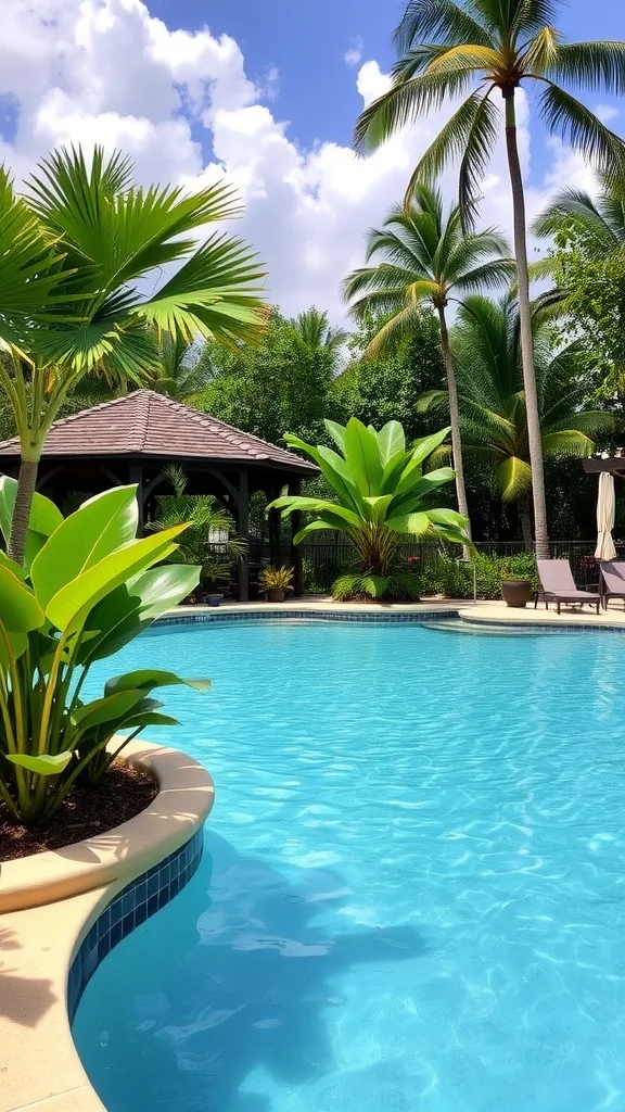 A beautiful pool surrounded by lush greenery and lounge chairs.