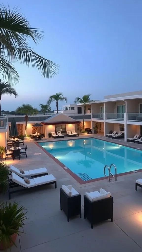 A beautifully designed home pool area with lounge chairs, a dining table, and palm trees.