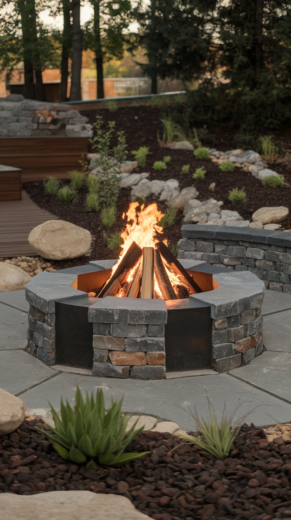 A creative backyard firepit made with stone and surrounded by plants.
