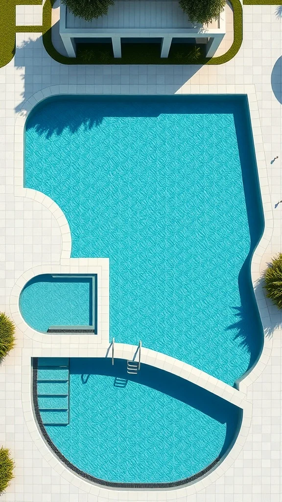Aerial view of a creatively shaped swimming pool with a modern design and blue water.