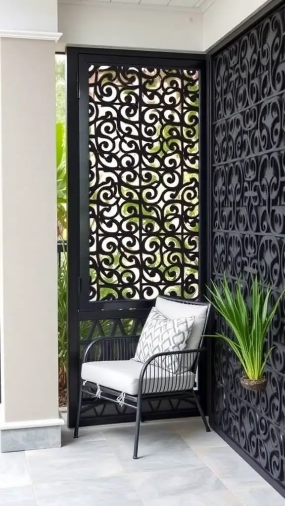 Decorative outdoor screen with intricate design and a chair