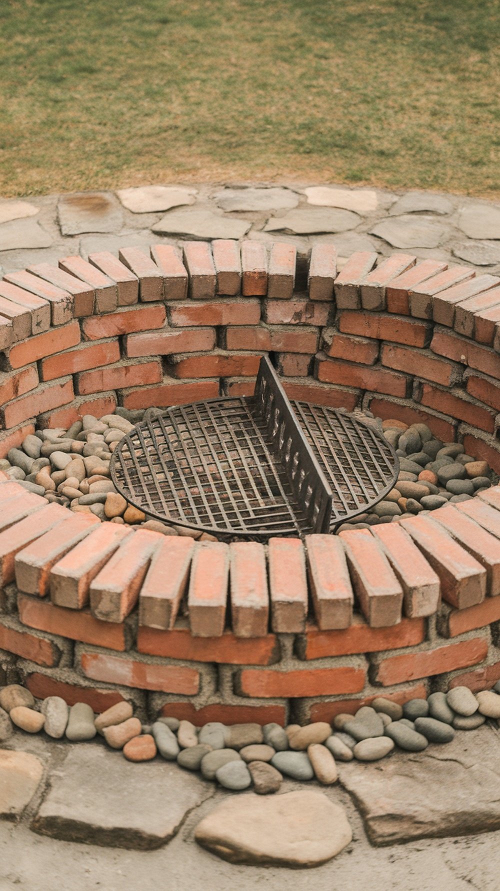 A circular firepit made of bricks and stones.
