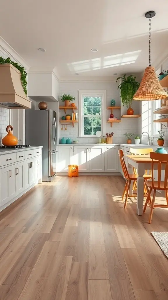 A bright kitchen featuring durable vinyl plank flooring, white cabinets, and vibrant decor.