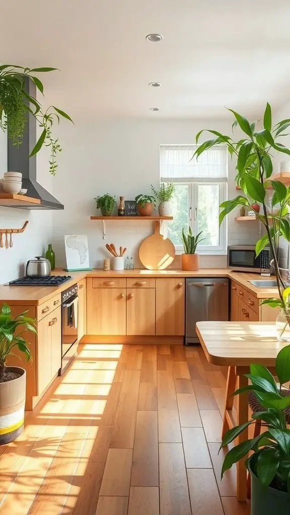 A bright kitchen with bamboo flooring, showcasing wooden cabinets and indoor plants.