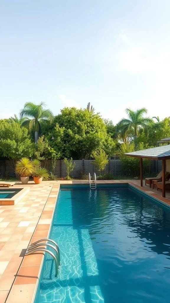 A serene swimming pool surrounded by lush greenery.