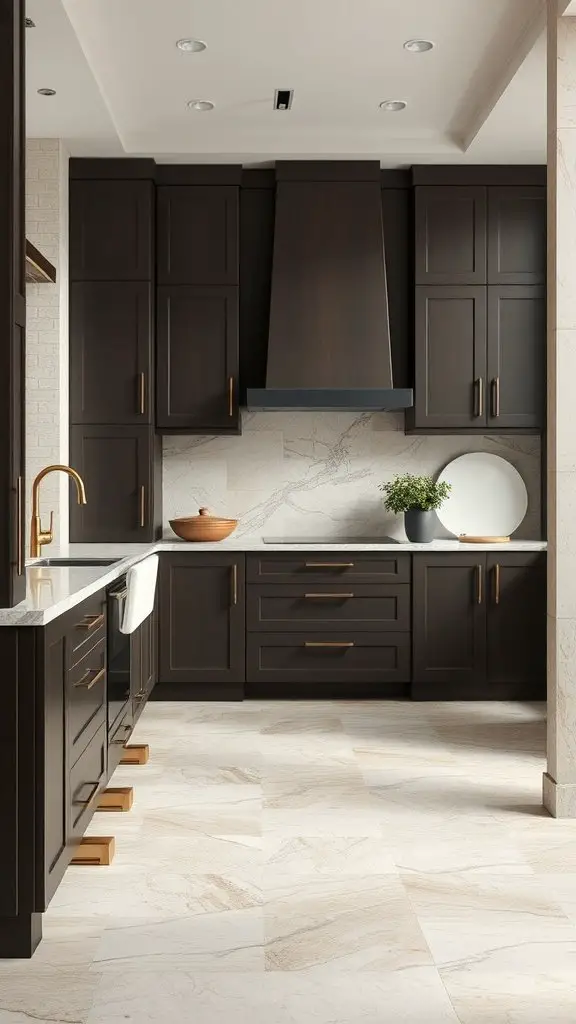 Modern kitchen with natural stone flooring and dark cabinets.