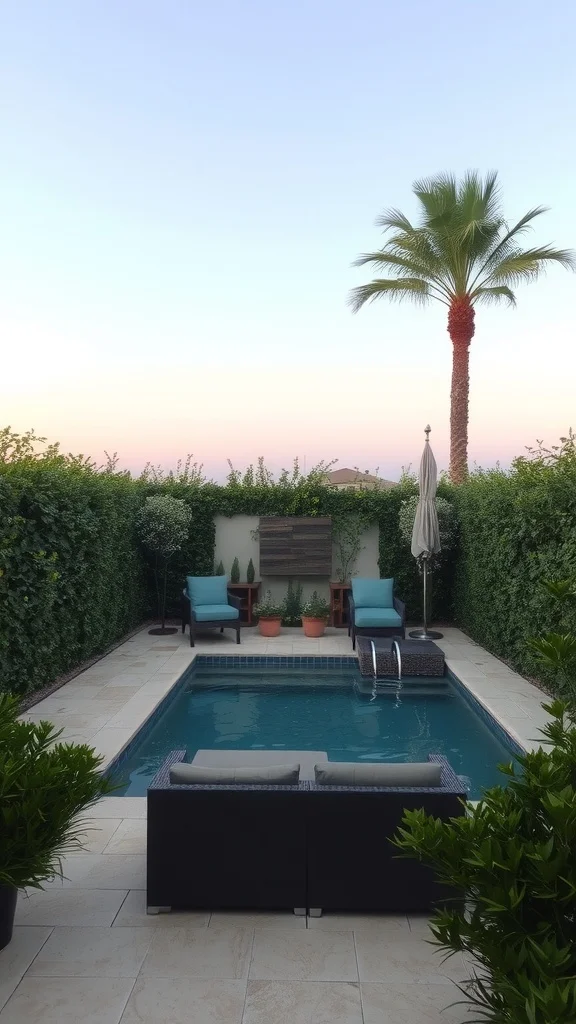 A cozy pool area surrounded by lush greenery and comfortable seating.