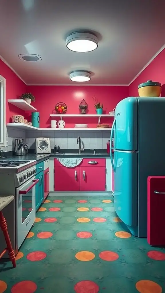A colorful retro kitchen featuring bright polka dot linoleum flooring and vibrant cabinets.