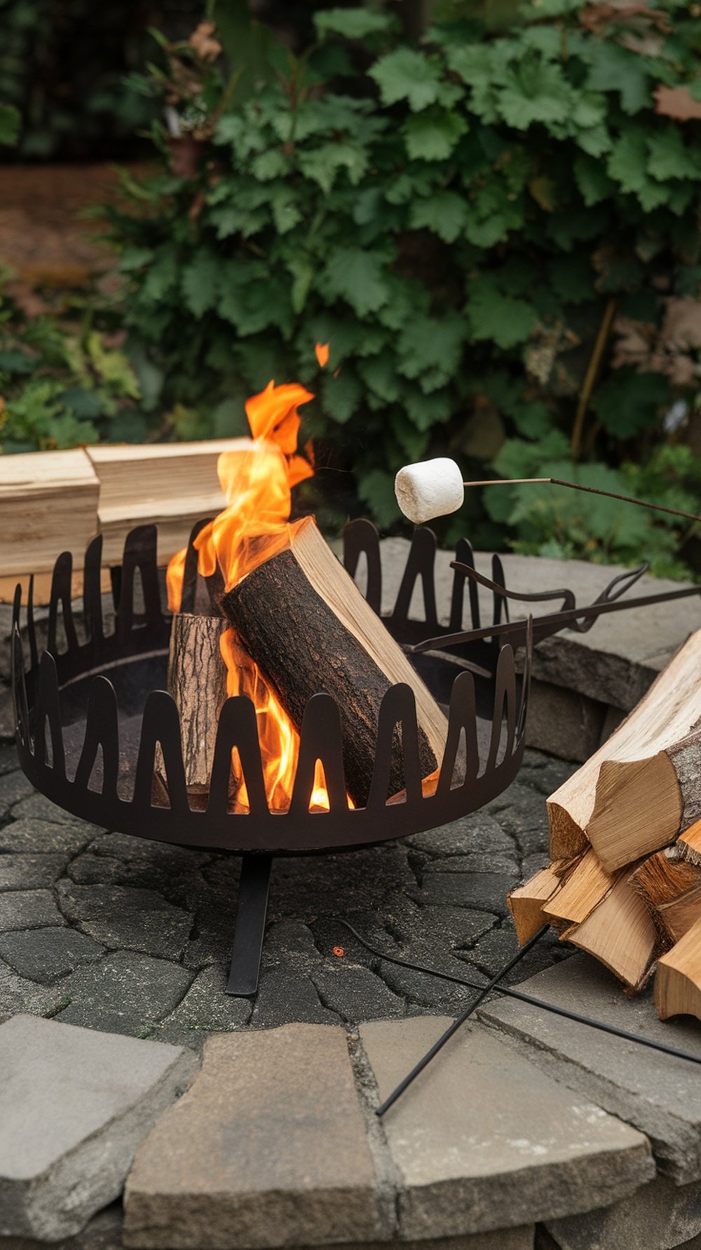 A firepit with flames, logs, and a marshmallow on a stick.