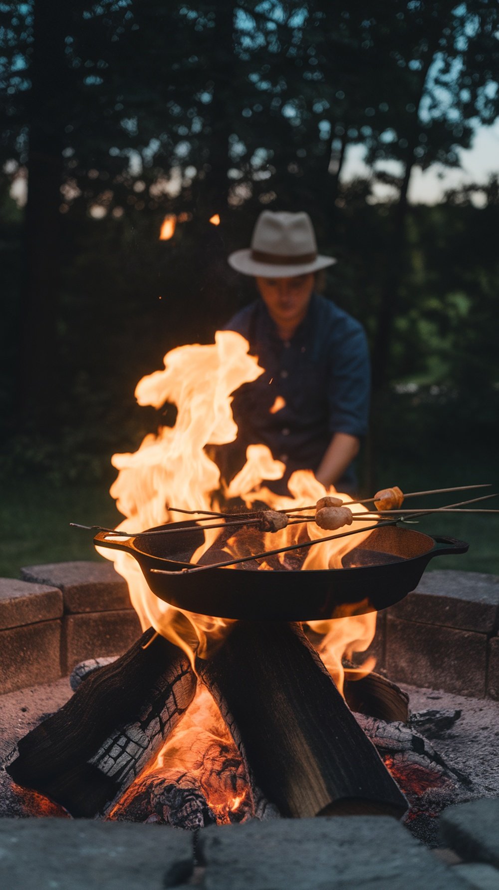 A person cooking on a firepit with skewers and flames.