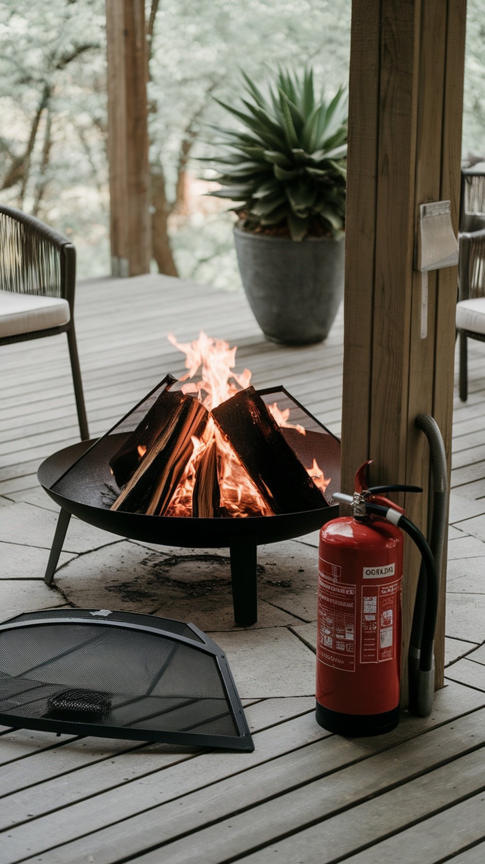 Firepit with logs burning and a fire extinguisher nearby for safety.