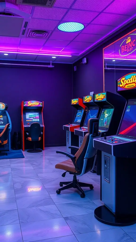 A vibrant gaming zone featuring several arcade machines in a stylish basement.