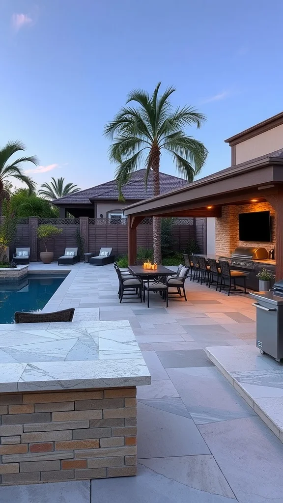 Outdoor kitchen and bar area near a swimming pool with seating and palm trees.