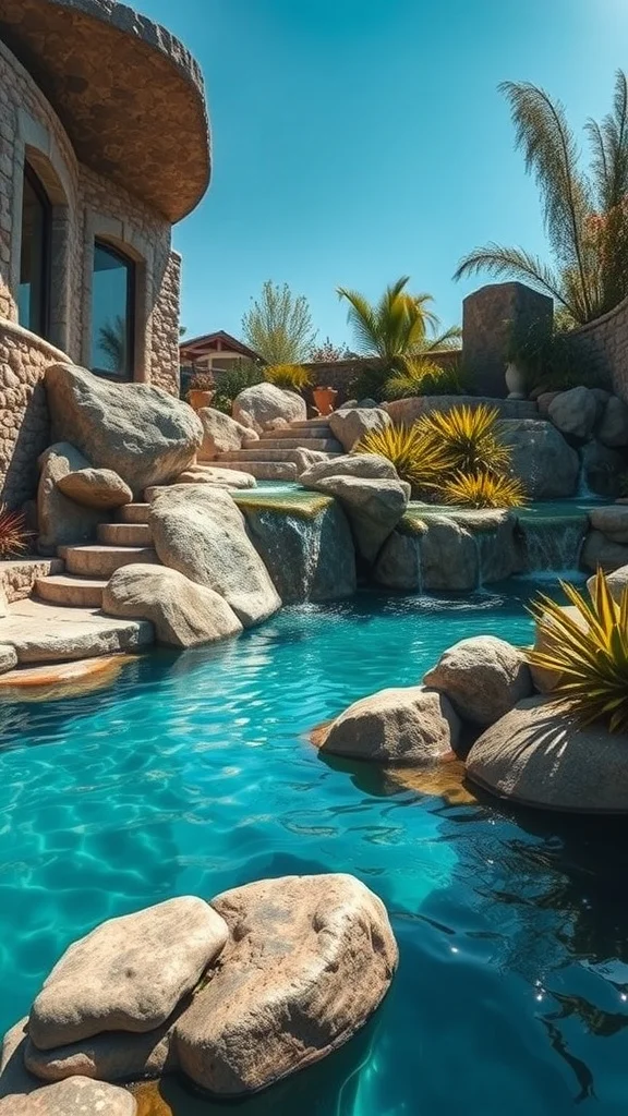 A serene pool surrounded by natural stones and lush plants.