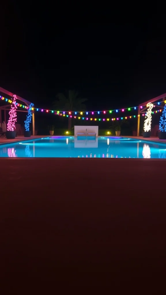 A pool area illuminated at night with colorful string lights and glowing plants.
