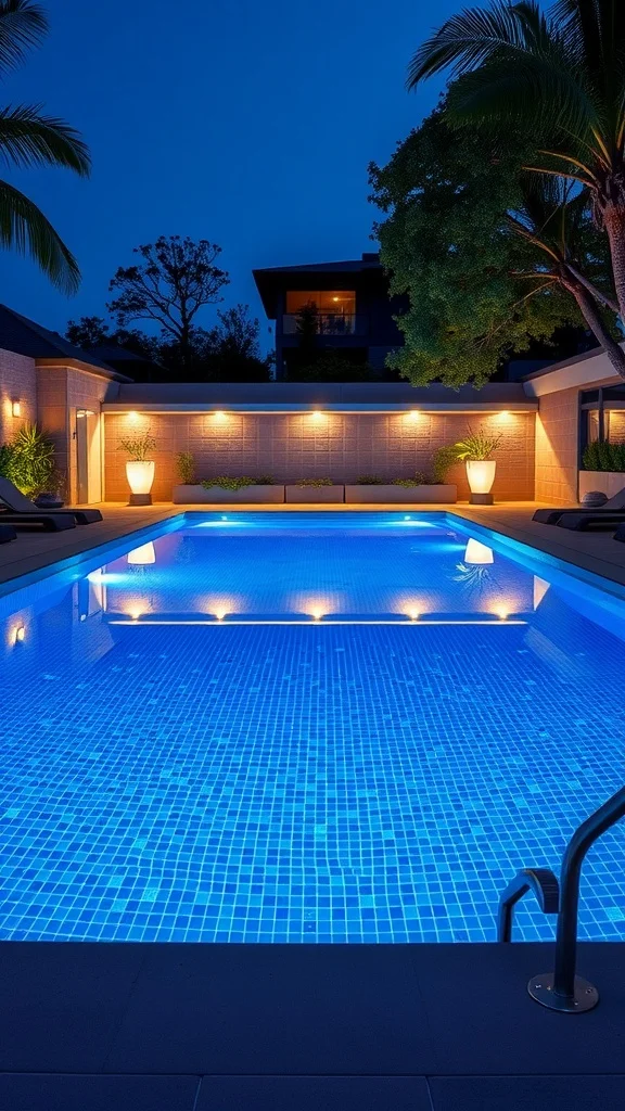 An illuminated home pool surrounded by greenery at night.