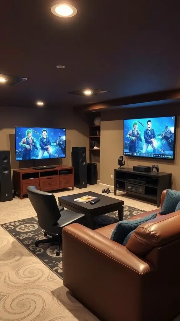 A cozy basement man cave with a large TV, gaming console, and comfortable seating.
