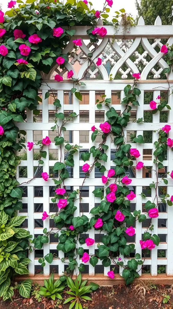 A white lattice fence adorned with pink flowers and green leaves.